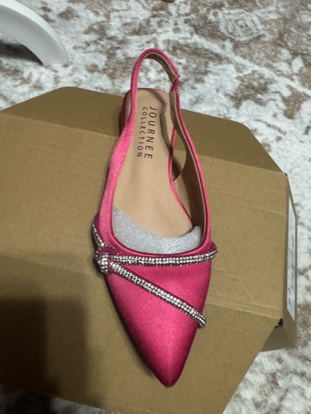 Journee Collection Rebbel Pink Satin Slingback Flat with Rhinestone Straps